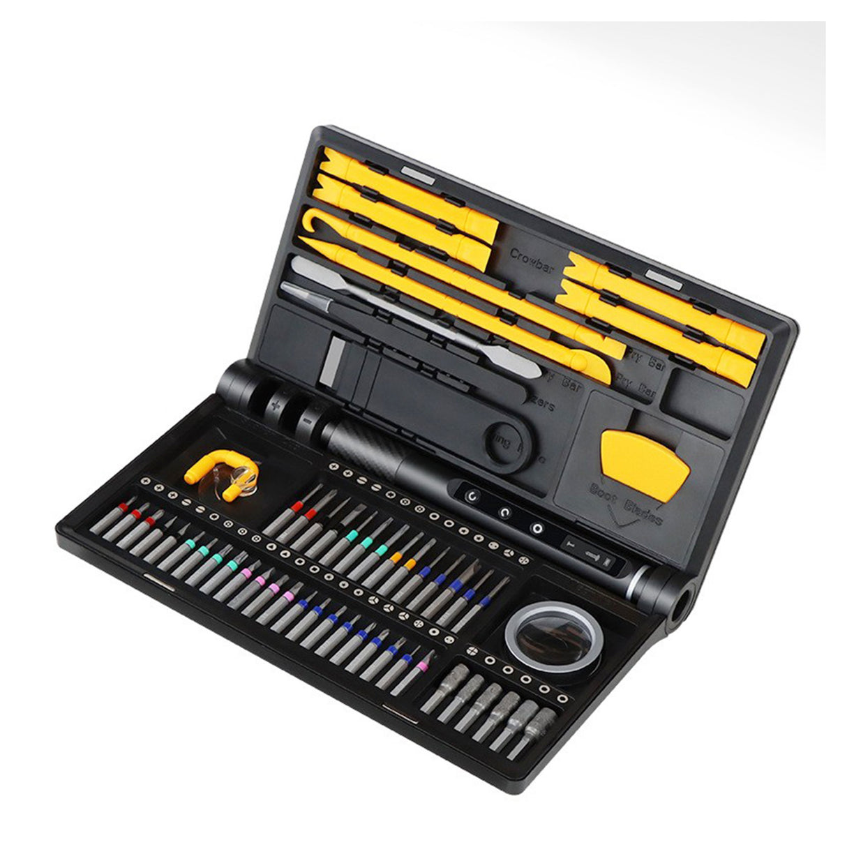 Surubelnita Profesionala Electrica, Flippy, Multifunctionala, Reancarcabila USB, Luminare LED, Kit 71 in 1, Set Complet cu Biti Torx, Phillips, Hex, Pentalobe, 21.4 x 12.4 cm, Negru - vivimall.ro