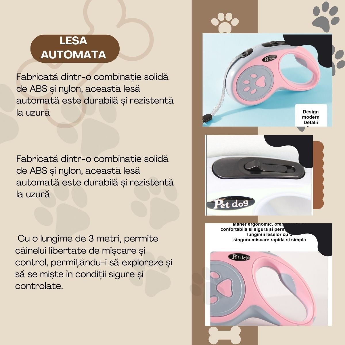 Lesa Automata Retractabila, Vivimall, pentru Caini, 3m, 20 kg, ABS/Nylon, Roz/Gri, 8x12x4 cm - vivimall.ro