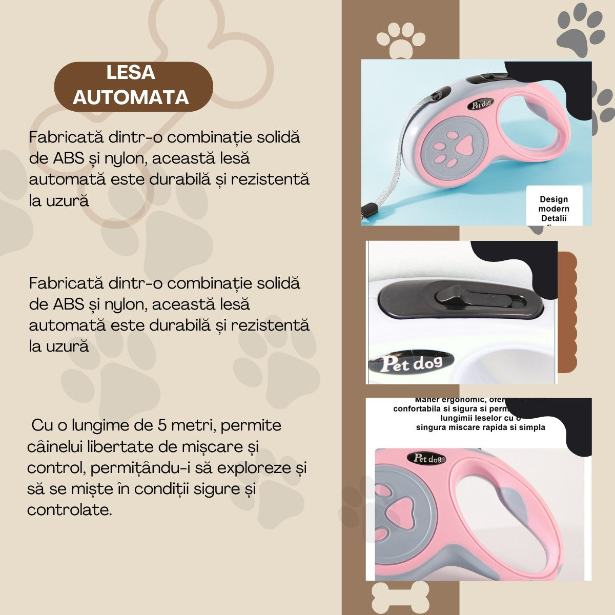 Lesa Automata Retractabila, Vivimall, pentru Caini, 5m, 20 kg, ABS, Roz/Gri, 8x12x4 cm - vivimall.ro