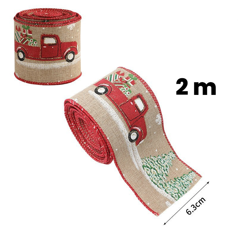 Panglica Decorativa pentru Craciun, Flippy, Ornament pentru Brad de Craciun, Pretreceri, Panglica cu Design Masina Rosie, 200 x 6.3 cm, Khaki- - vivimall.ro