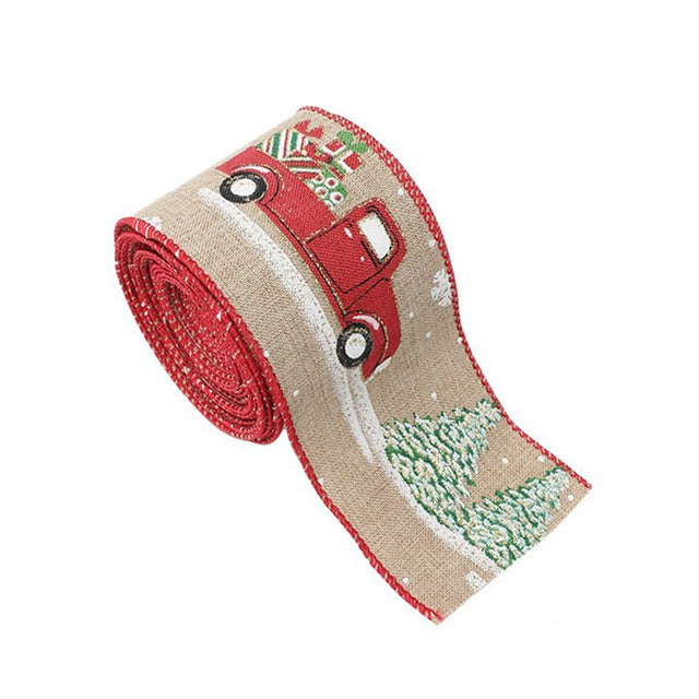 Panglica Decorativa pentru Craciun, Flippy, Ornament pentru Brad de Craciun, Pretreceri, Panglica cu Design Masina Rosie, 200 x 6.3 cm, Khaki- - vivimall.ro