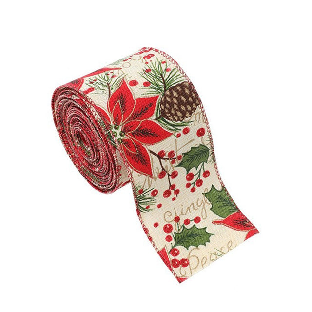 Panglica Decorativa pentru Craciun, Flippy, Ornament pentru Brad de Craciun, Pretreceri, Panglica cu Design Conuri si Floare Rosie, 200 x 6.3 cm, Khaki- - vivimall.ro