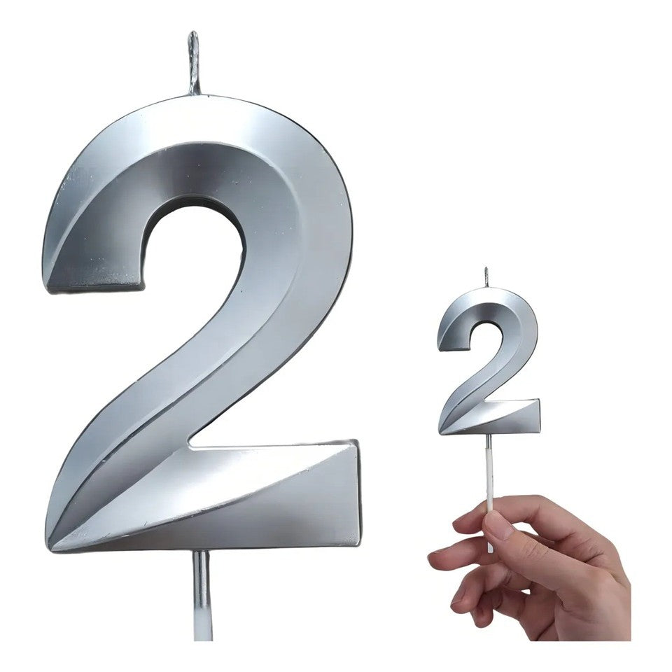 Lumanare Cifra 2, Flippy, Model Diamond, 5 x 3.4 cm, Argintiu - vivimall.ro