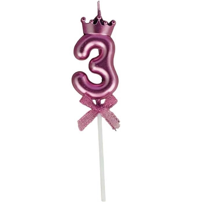 Lumanare Cifra 3, Vivimall, Model Coroana cu Fundita, Pentru Tort, 6 x 2.5 cm Mov - vivimall.ro