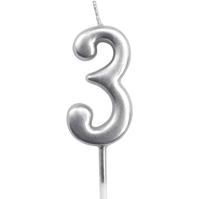 Lumanare de Tort, Vivimall, Model Cifra 3, Party, 4.5 x 2.5 cm, din Parafina, Argintiu - vivimall.ro
