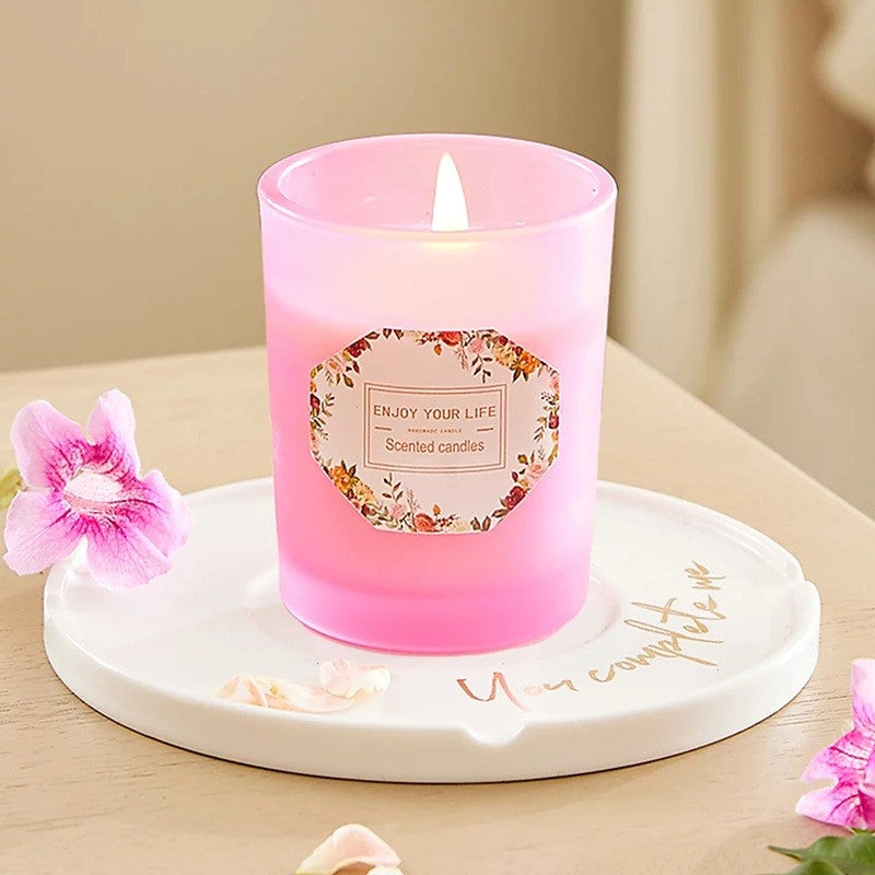 Lumanare Parfumata, Vivimall, Model Pahar Roz, Aroma de Lamaie si Trandafir, din Ceara de Soia, 6.2 x 5.2 cm, Roz - vivimall.ro