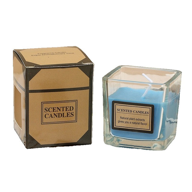 Lumanare Parfumata, Vivimall, Model Pahar Transparent, cu Ulei Esential, 4.8 x 5.4 x 5.5 cm, Aroma de Frezie, Albastru - vivimall.ro