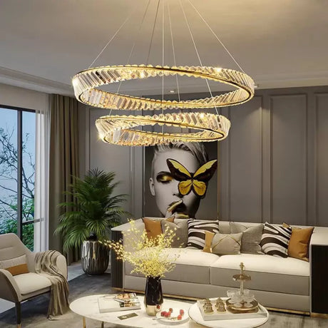 Lustra Led Suspendata Cu Telecomanda Si Cristal Cairo, 2 Cercuri, Lumina Rece/Calda/Neutra, Dimabila, Lucios - vivimall.ro
