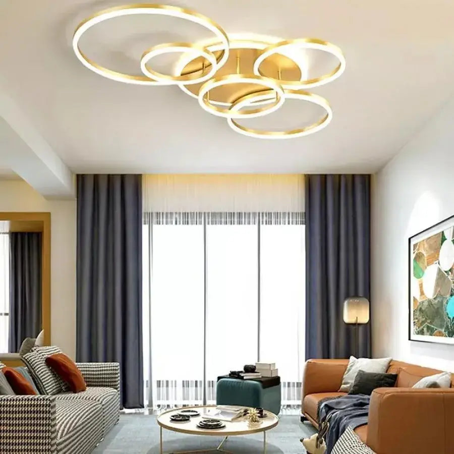Lustra Led Cu Telecomanda Lyra, 5 Cercuri, Lumina Rece/Calda/Neutra, Dimabila - vivimall.ro