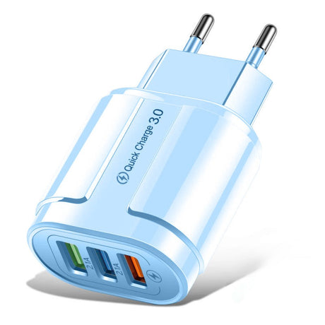 Încărcător rapid Vivimall QC3.0, 3 porturi USB, 18W, culoare albastru gama Macarons, vedere frontală