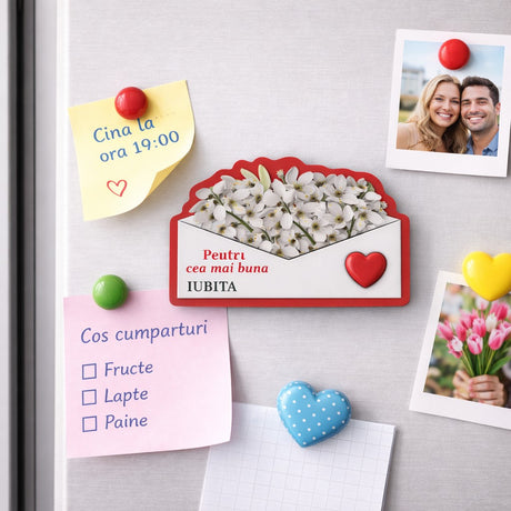 Detaliu magnet mărțișor Jolie din carton laminat cu magnet flexibil pe verso, multicolor, vedere spate-față