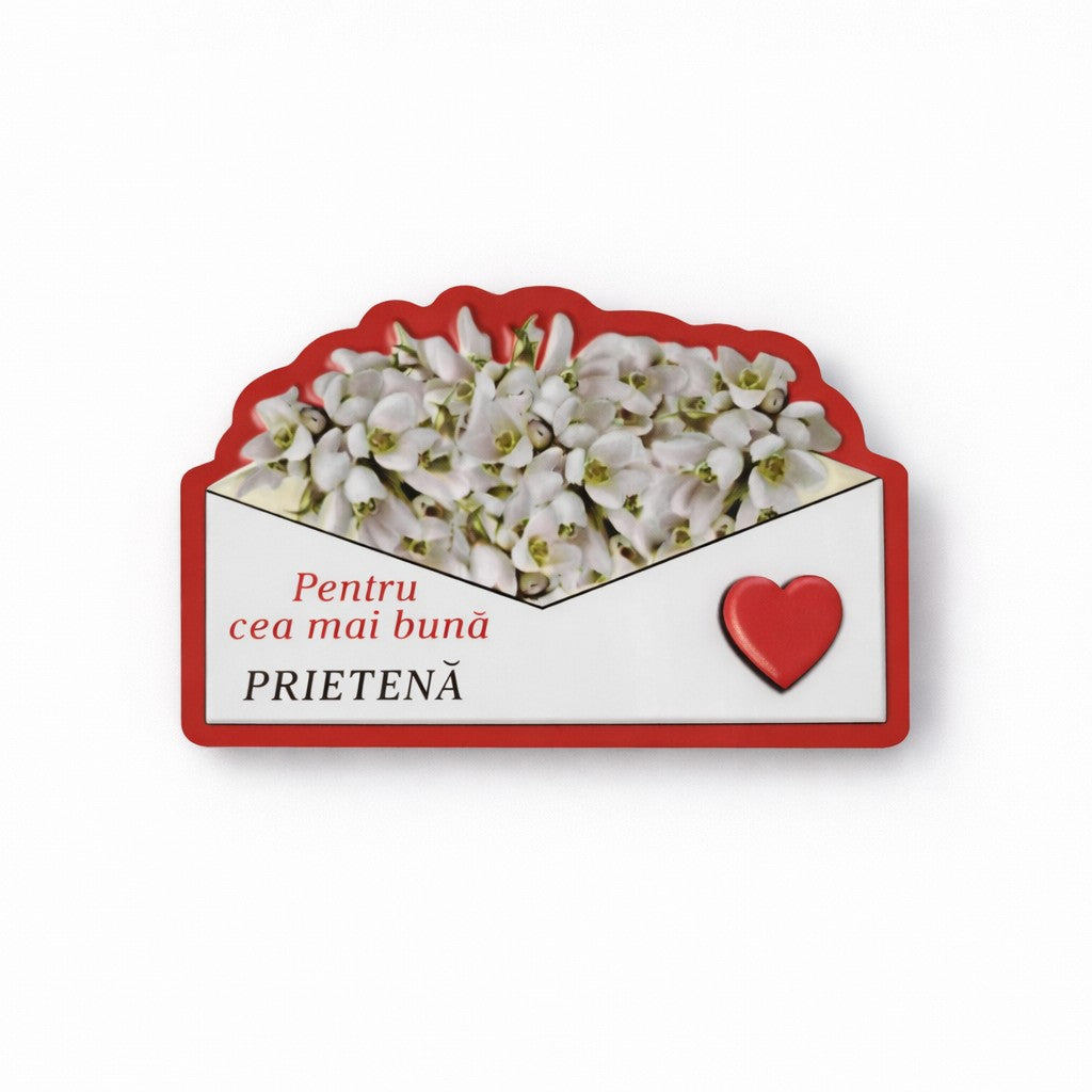 Set 24 magneți mărțișor Jolie, design plic cu flori albe și inimiară roșie, 8x6 cm, vedere frontală