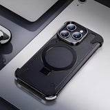 Husa de Protectie Compatibil cu iPhone 15 Pro Max, Vivimall, Incarcare Wireless, Tehnologie Magsafe, Inel Magnetic Rotativ 360 cu Functie de Suport, Rama Metalica, Carcasa din Piele, Negru - vivimall.ro