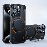 Husa de Protectie Compatibil cu iPhone 15 Pro Max, Vivimall, Incarcare Wireless, Tehnologie Magsafe, Inel Magnetic Rotativ 360 cu Functie de Suport, Rama Metalica, Carcasa din Piele, Negru - vivimall.ro
