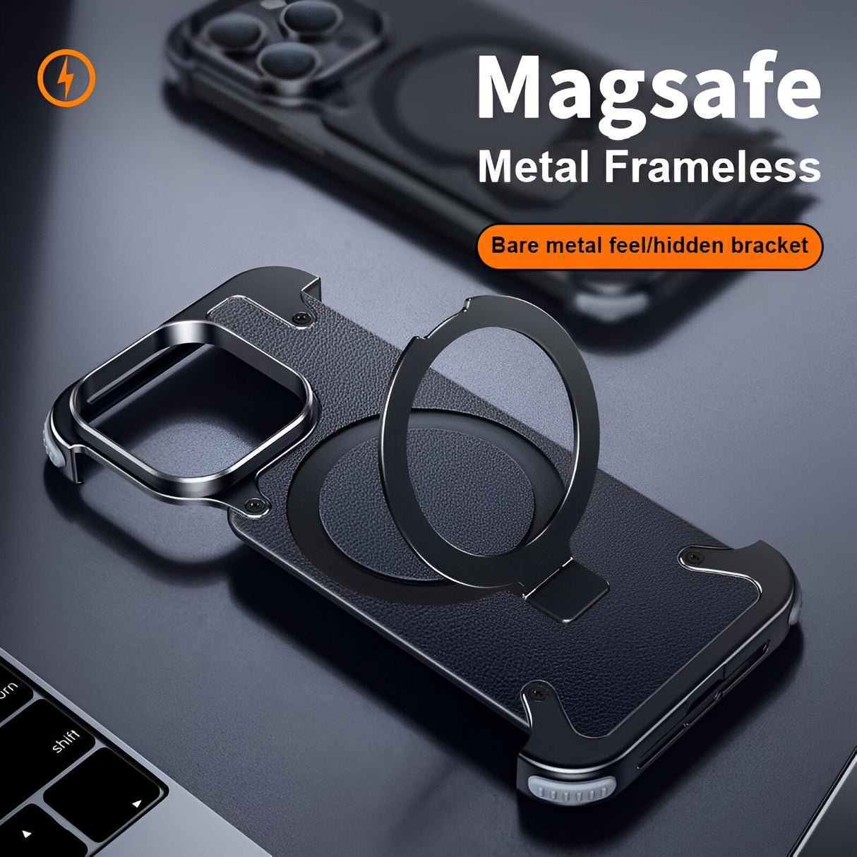 Husa de Protectie Compatibil cu iPhone 15 Pro, Vivimall, Incarcare Wireless, Tehnologie Magsafe, Inel Magnetic Rotativ 360 cu Functie de Suport, Rama Metalica, Carcasa din Piele, Negru - vivimall.ro