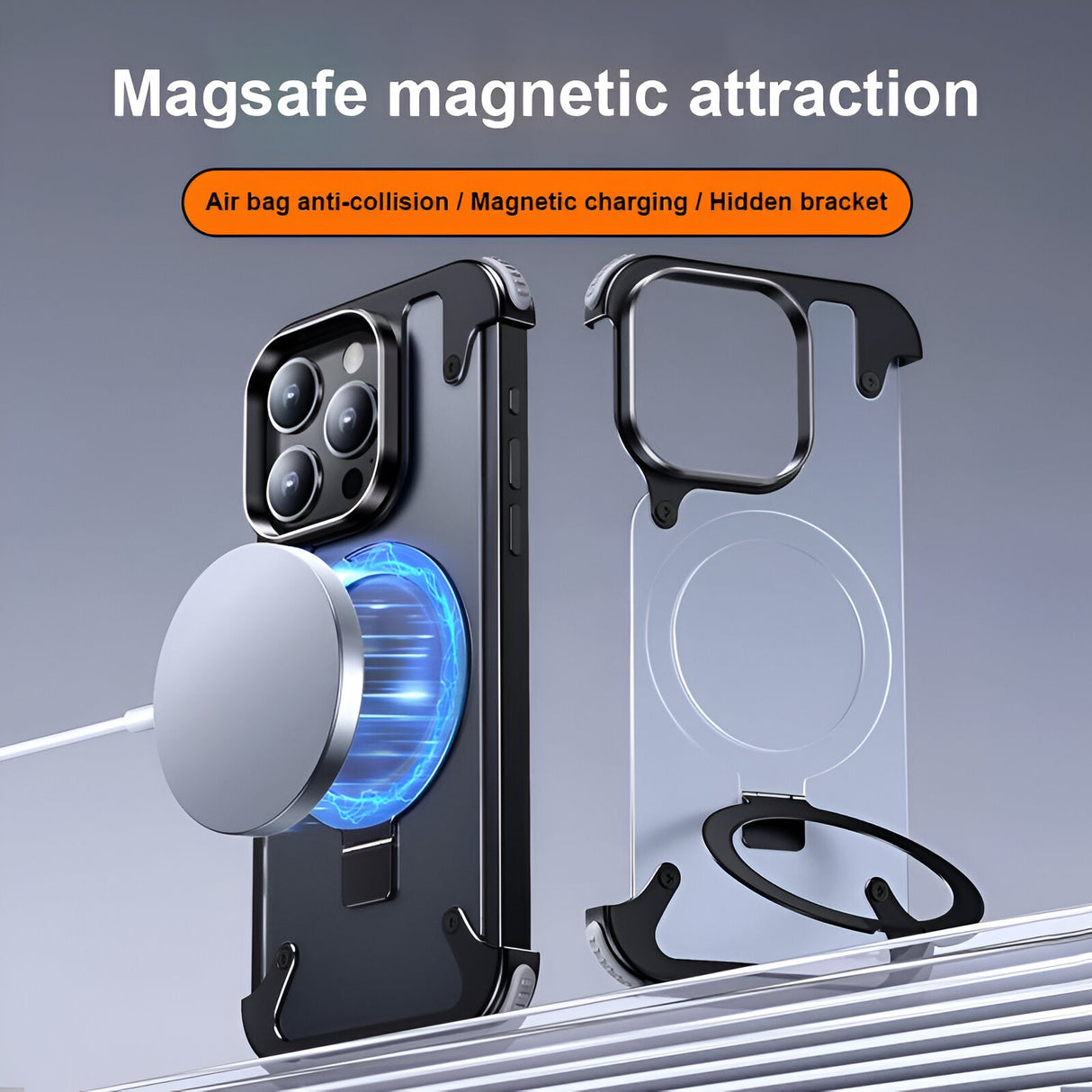 Husa de Protectie Compatibil cu iPhone 15 Pro, Vivimall, Incarcare Wireless, Tehnologie Magsafe, Inel Magnetic Rotativ 360 cu Functie de Suport, Rama Metalica, Carcasa din Piele, Negru - vivimall.ro
