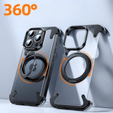Husa de Protectie Compatibil cu iPhone 15 Pro, Vivimall, Incarcare Wireless, Tehnologie Magsafe, Inel Magnetic Rotativ 360 cu Functie de Suport, Rama Metalica, Carcasa din PC, Negru Transparent - vivimall.ro