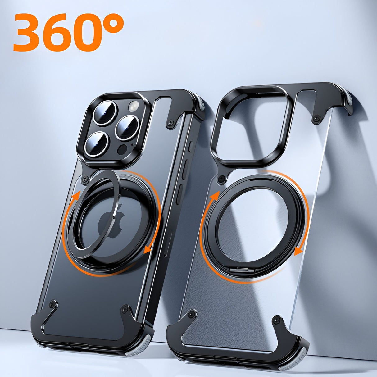 Husa de Protectie Compatibil cu iPhone 15 Pro Max, Vivimall, Incarcare Wireless, Tehnologie Magsafe, Inel Magnetic Rotativ 360 cu Functie de Suport, Rama Metalica, Carcasa din PC, Negru Transparent - vivimall.ro