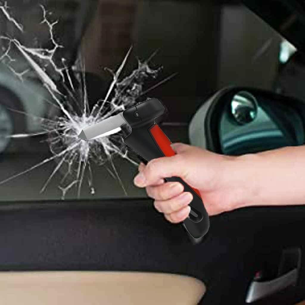 Maner Auto 4 in 1, Vivimall, Kit de Siguranta, Maner, LED, Cutter, Ciocan, din ABS si Aluminiu, 18 x 7 cm, Rosu/Negru - vivimall.ro