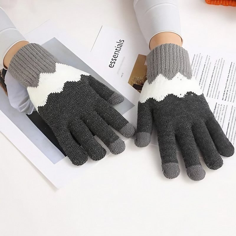 Manusi de Dama, Vivimall, Model Ondulat, Functie Touchscreen (ecran tactil), Material Acril Tricotat, Manseta Elastica, Interior Catifelat, Marime Universala, Gri/Alb - vivimall.ro