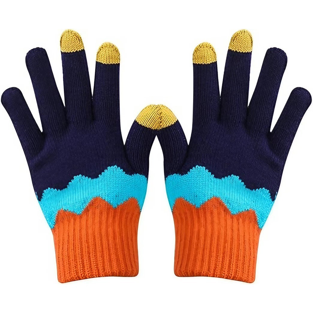 Manusi de Dama, Vivimall, Model Ondulat, Functie Touchscreen (ecran tactil), Material Acril Tricotat, Manseta Elastica, Interior Catifelat, Marime Universala, Portocaliu/Albastru - vivimall.ro