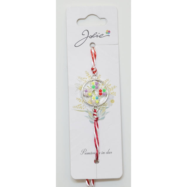 Martisor Bratara Alb-Rosu cu Pandantiv Metalic, Model 8 - vivimall.ro