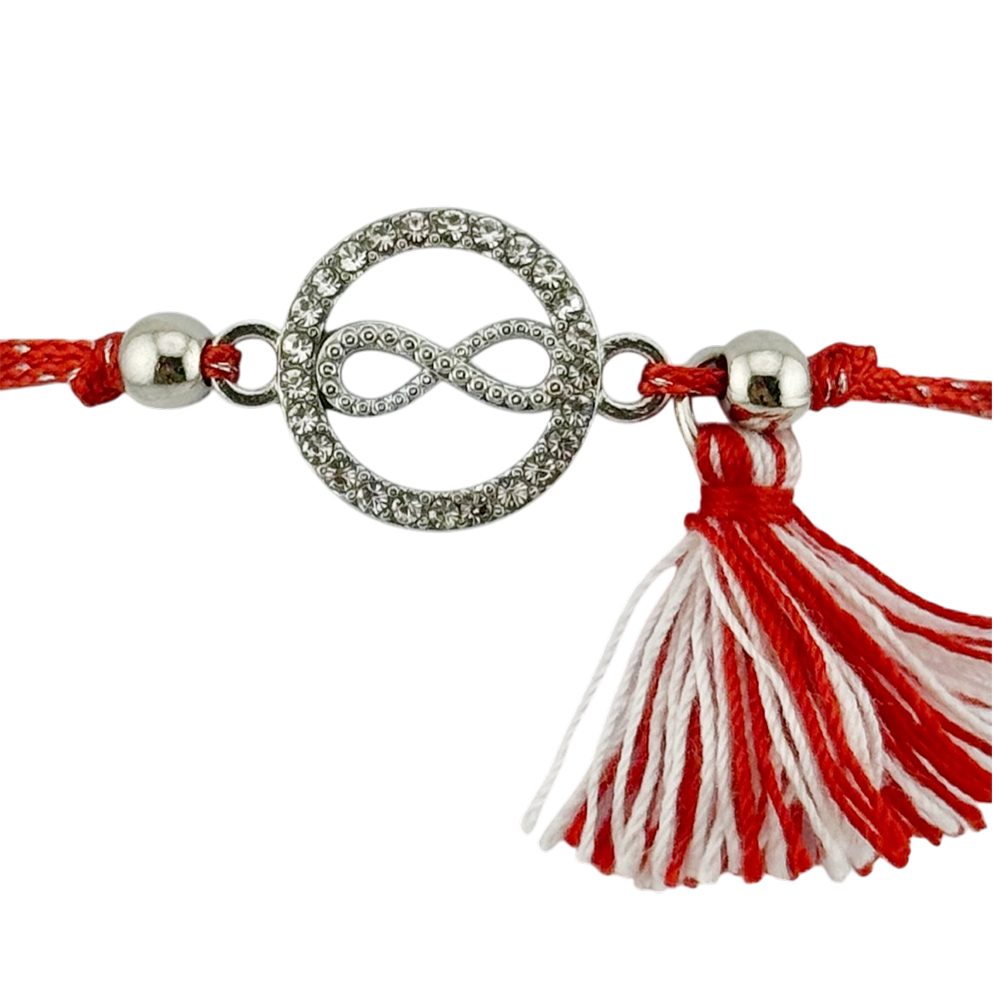 Martisor Bratara cu Ciucure pentru Dama, Jolie, Model Cerc Infinit, Set 12 bucati, Pandativ din Inox cu Pietre, Snur Reglabil, Rosu/Alb - vivimall.ro