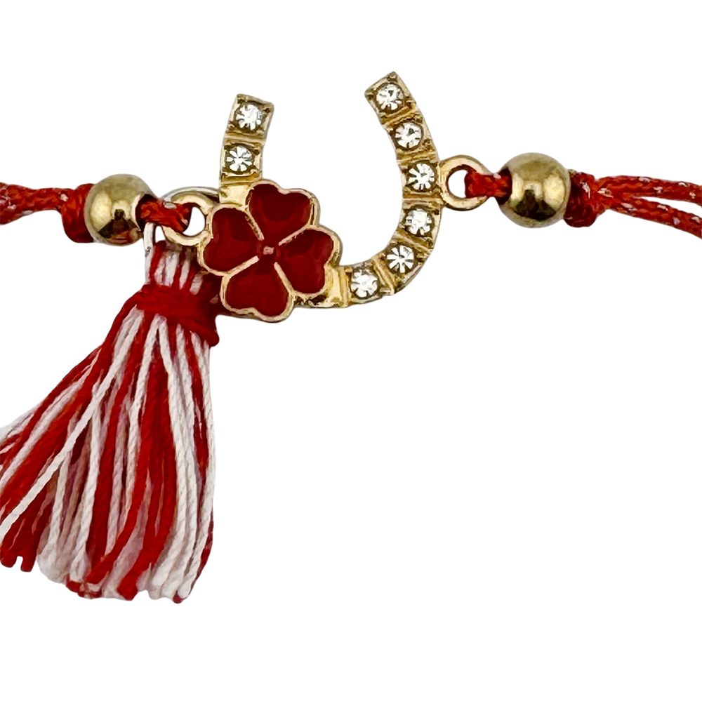 Martisor Bratara cu Ciucure pentru Dama, Jolie, Model Potcoava cu Trifoi, Set 12 bucati, Pandativ din Inox, Snur Reglabil, Rosu/Alb - vivimall.ro