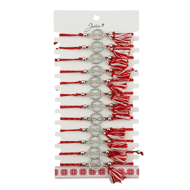 Martisor Bratara cu Ciucure pentru Dama, Jolie, Model Cerc Infinit, Set 12 bucati, Pandativ din Inox cu Pietre, Snur Reglabil, Rosu/Alb - vivimall.ro