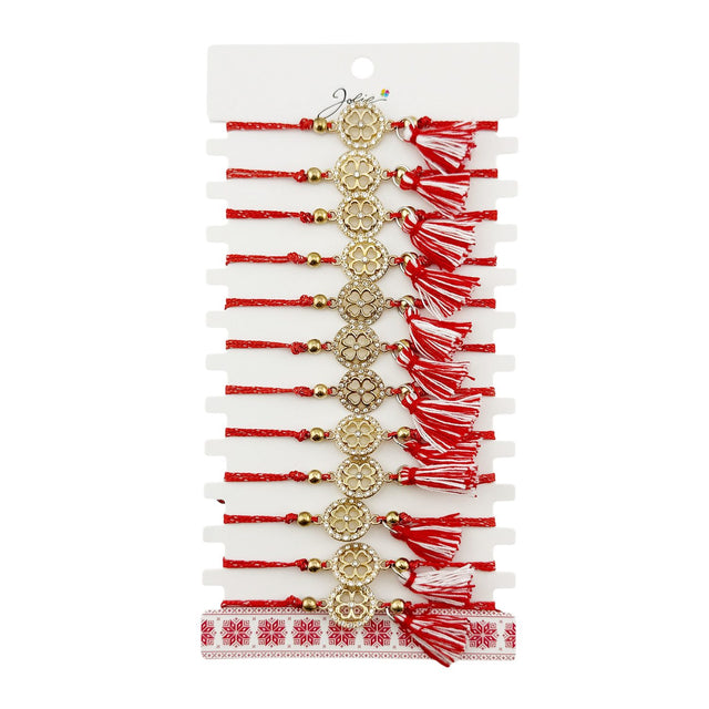 Martisor Bratara cu Ciucure pentru Dama, Jolie, Model Cerc Trifoi cu Patru Foi, Set 12 bucati, Pandativ din Inox cu Pietre, Snur Reglabil, Rosu/Alb - vivimall.ro