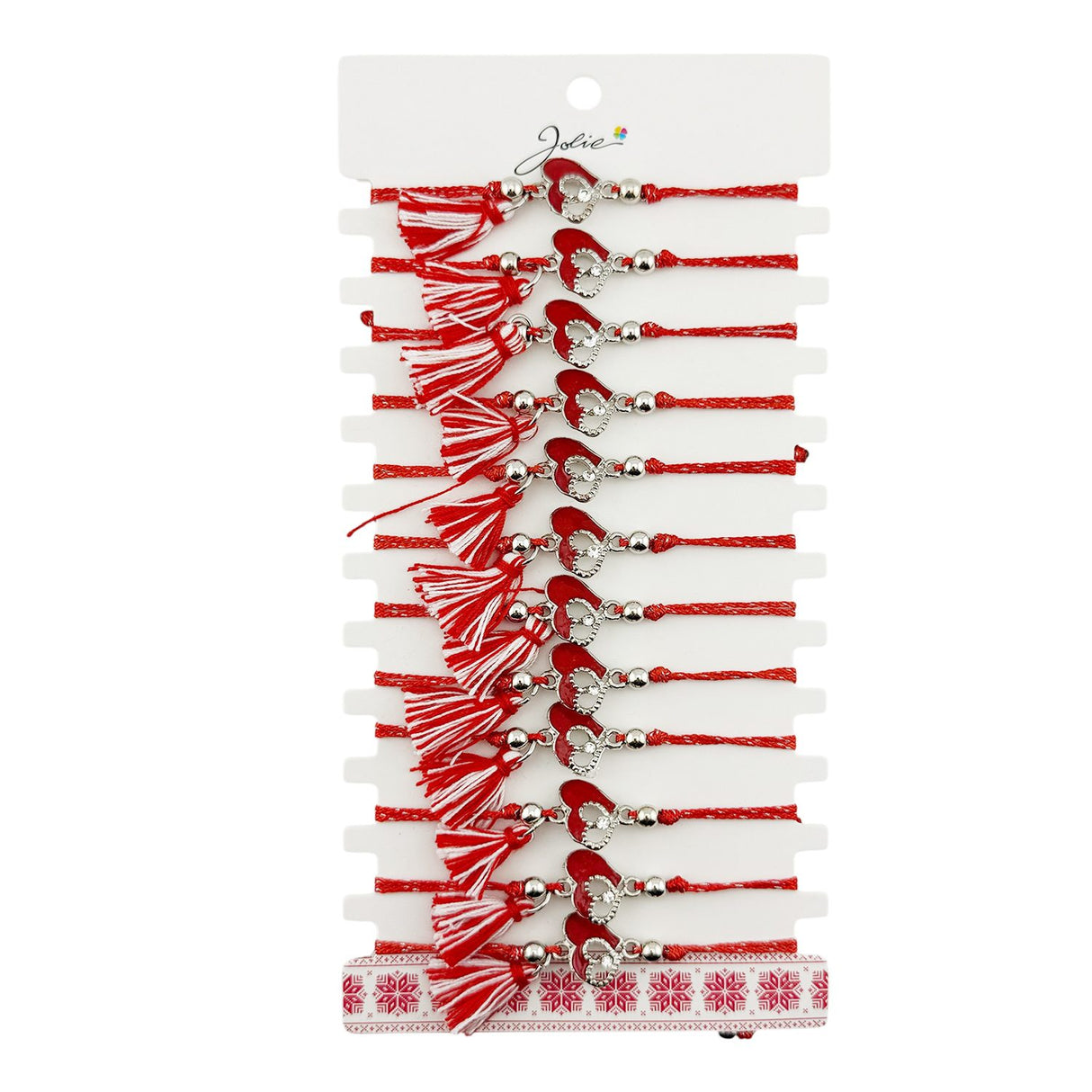 Martisor Bratara cu Ciucure pentru Dama, Jolie, Model Doua Inimi, Set 12 bucati, Pandativ din Inox cu Piatra, Snur Reglabil, Rosu/Alb - vivimall.ro