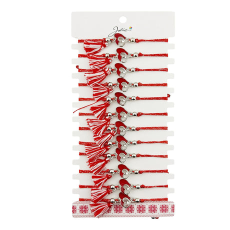 Set 12 brățări mărțișor Jolie model două inimi, pandantiv inox cu piatră, șnur roșu/alb, vedere de ansamblu