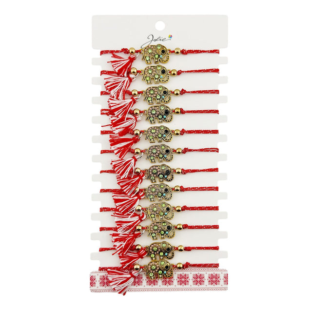 Martisor Bratara cu Ciucure pentru Dama, Jolie, Model Elefant cu Pietre Colorate, Set 12 bucati, Pandativ din Inox, Snur Reglabil, Rosu/Alb - vivimall.ro