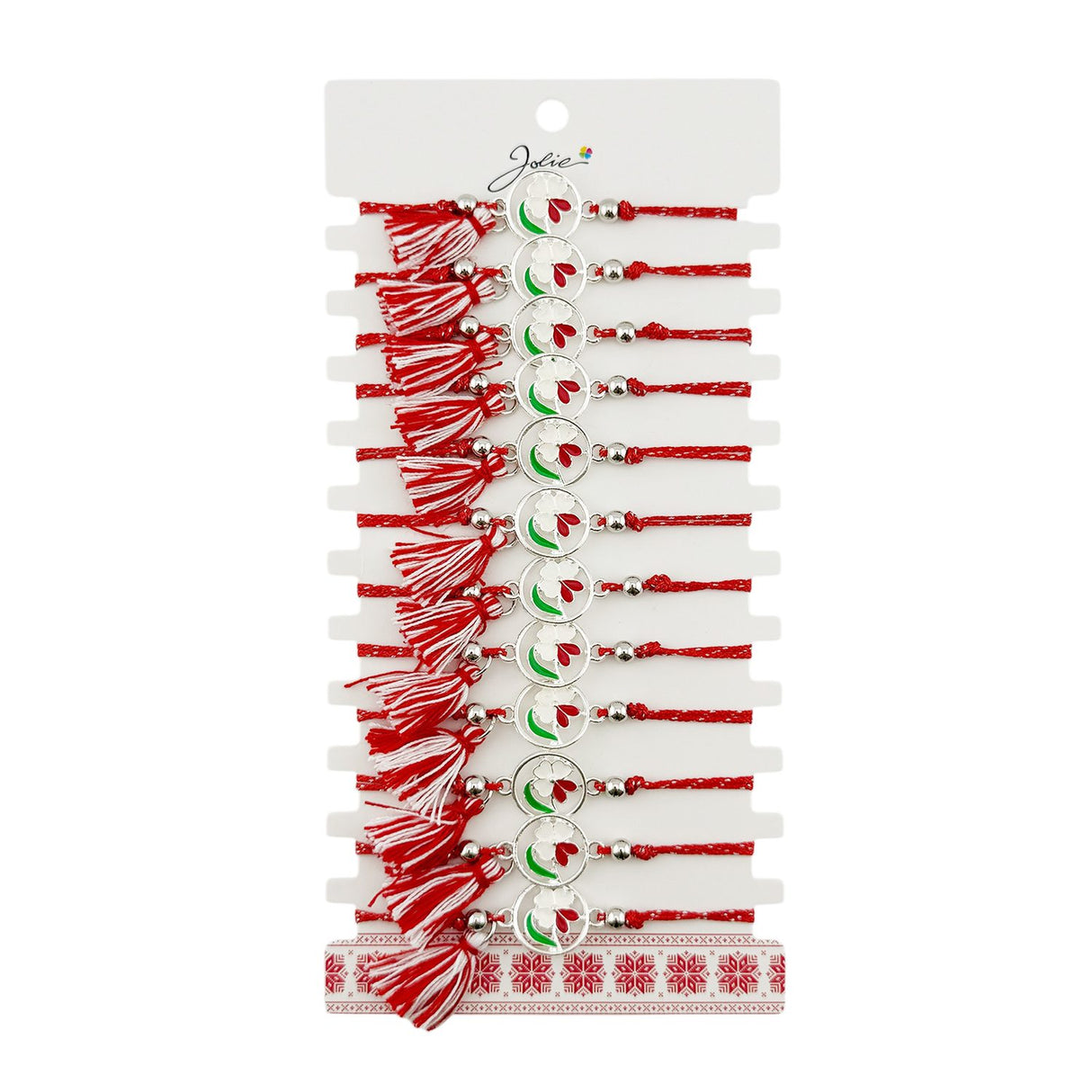 Martisor Bratara cu Ciucure pentru Dama, Jolie, Model Floare Alba, Set 12 bucati, Pandativ din Inox, Snur Reglabil, Rosu/Alb - vivimall.ro