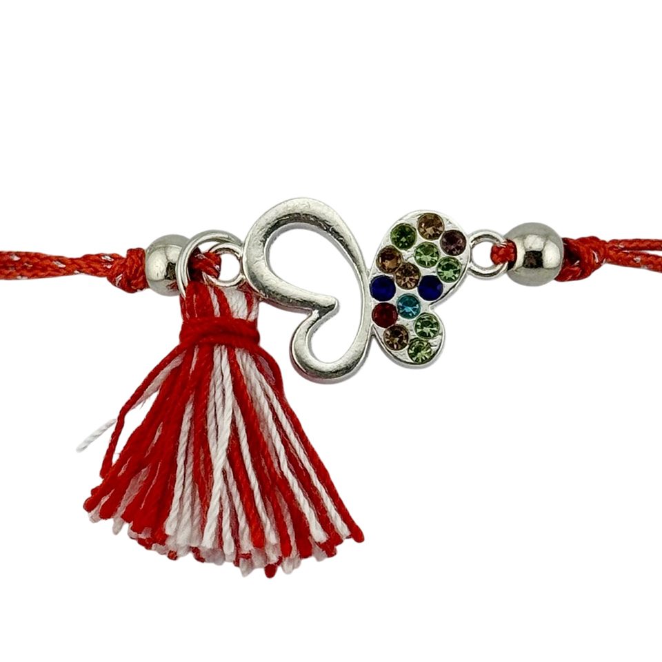 Martisor Bratara cu Ciucure pentru Dama, Jolie, Model Fluture cu Pietre Colorate, Set 12 bucati, Pandativ din Inox, Snur Reglabil, Rosu/Alb - vivimall.ro