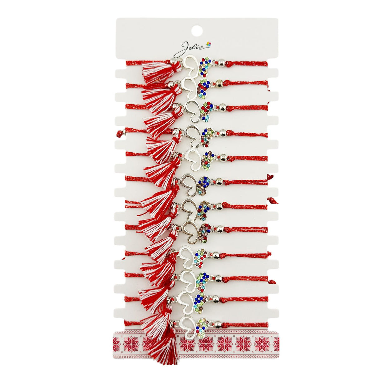 Martisor Bratara cu Ciucure pentru Dama, Jolie, Model Fluture cu Pietre Colorate, Set 12 bucati, Pandativ din Inox, Snur Reglabil, Rosu/Alb - vivimall.ro