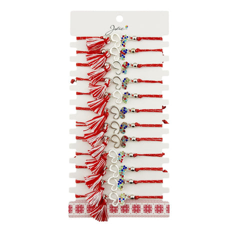 Set 12 brățări mărțișor Jolie model fluture cu pietre colorate, snur roșu și alb, vedere de ansamblu