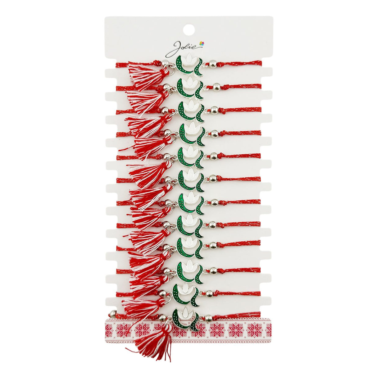Martisor Bratara cu Ciucure pentru Dama, Jolie, Model Ghiocel, Set 12 bucati, Pandativ din Inox, Snur Reglabil, Rosu/Alb - vivimall.ro