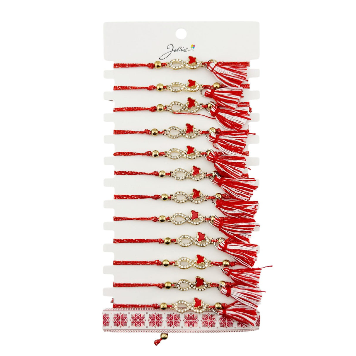Martisor Bratara cu Ciucure pentru Dama, Jolie, Model Infinit cu Fluture, Set 12 bucati, Pandativ din Inox cu Pietre, Snur Reglabil, Rosu/Alb - vivimall.ro