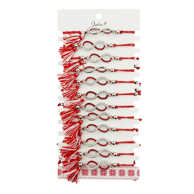 Martisor Bratara cu Ciucure pentru Dama, Jolie, Model Infinit cu Pietre, Set 12 bucati, Pandativ din Inox, Snur Reglabil, Rosu/Alb - vivimall.ro