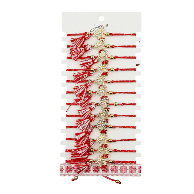 Martisor Bratara cu Ciucure pentru Dama, Jolie, Model Inima cu Margareta, Set 12 bucati, Pandativ din Inox cu Pietre, Snur Reglabil, Rosu/Alb - vivimall.ro