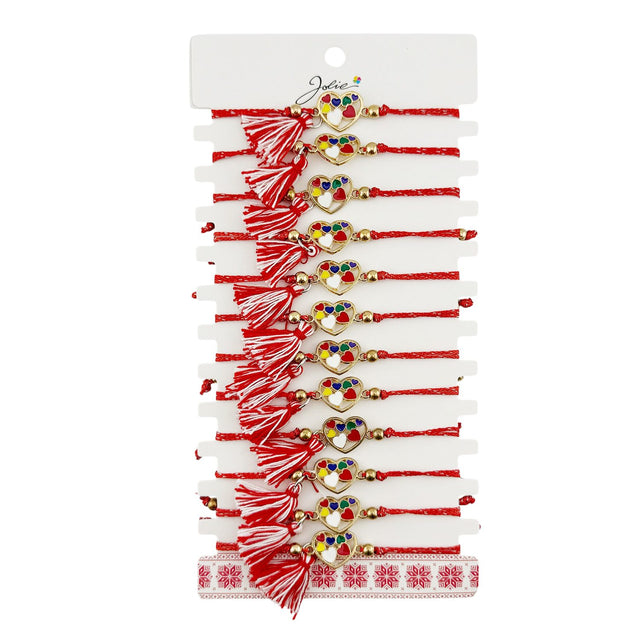 Martisor Bratara cu Ciucure pentru Dama, Jolie, Model Inimi Colorate, Set 12 bucati, Pandativ din Inox, Snur Reglabil, Rosu/Alb - vivimall.ro