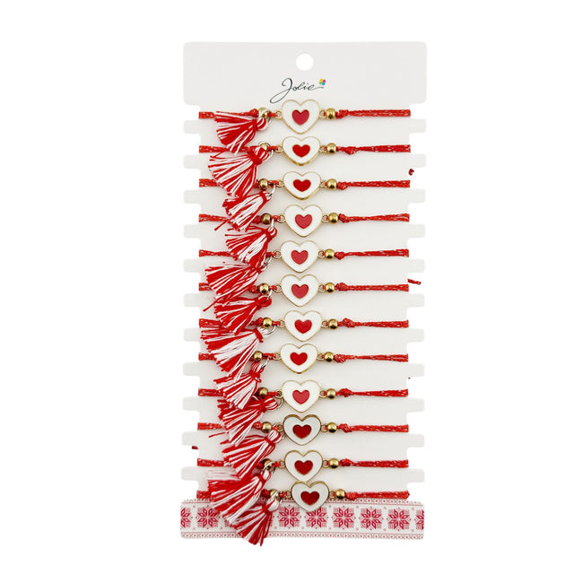 Martisor Bratara cu Ciucure pentru Dama, Jolie, Model Inimi, Set 12 bucati, Pandativ din Inox, Snur Reglabil, Rosu/Alb - vivimall.ro