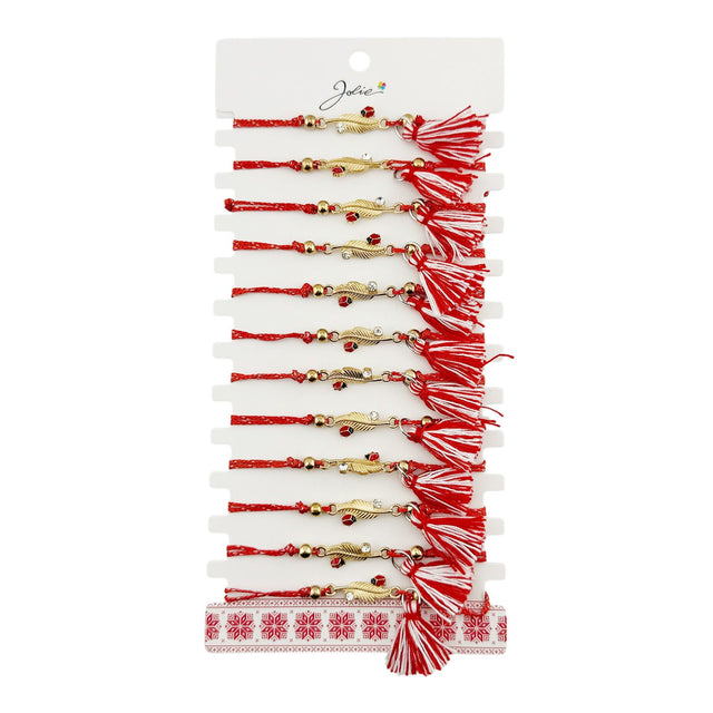Martisor Bratara cu Ciucure pentru Dama, Jolie, Model Pana cu Buburuza, Set 12 bucati, Pandativ din Inox cu Piatra, Snur Reglabil, Rosu/Alb - vivimall.ro