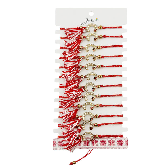 Martisor Bratara  cu Ciucure pentru Dama, Jolie, Model Potcoava Buburuza, Set 12 bucati, Pandativ din Inox cu Pietre, Snur Reglabil, Rosu/Alb - vivimall.ro