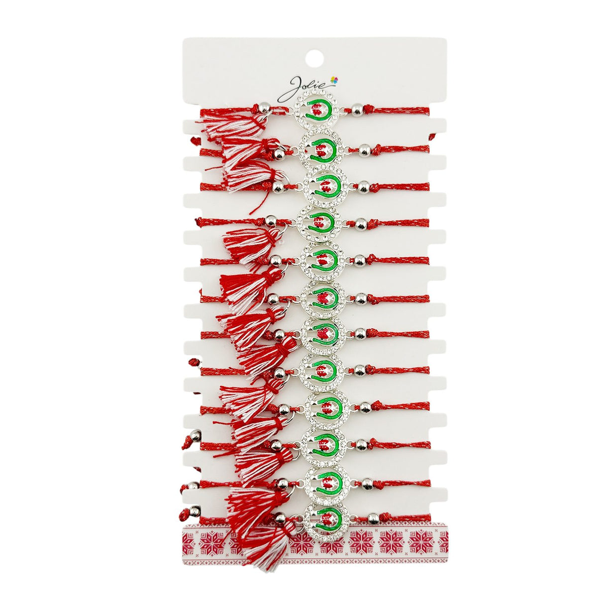 Brățară mărțișor Jolie cu potcoavă și buburuză, set 12 bucăți, pandantiv inox cu pietre, șnur roșu-alb, vedere frontală