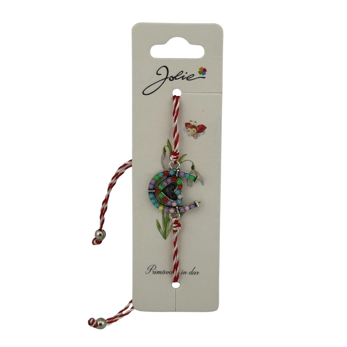 Martisor Bratara cu Snur Alb Rosu Reglabil, Model Potcoava Multicolora cu Inimioara, Jolie