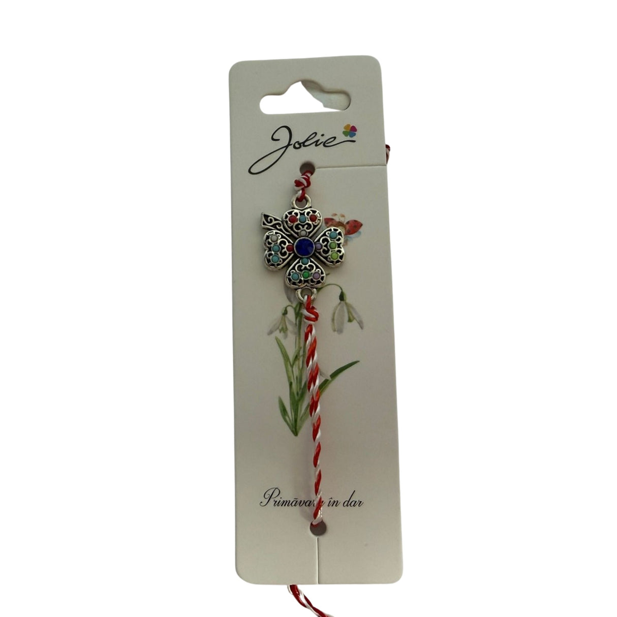 Martisor Bratara cu Snur Alb Rosu Reglabil, Model Trifoi cu Patru Foi Multicolor, Jolie