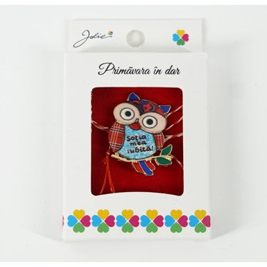 Martisor Brosa Mica in Cutie, Dimensiune Brosa 2.5-3 cm, Material Metal, Model Bufnita "Sotia mea iubita" - vivimall.ro