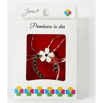 Martisor Brosa Mica in Cutie, Dimensiune Brosa 2.5-3 cm, Material Metal, Model Potcoava cu Floare Alba - vivimall.ro